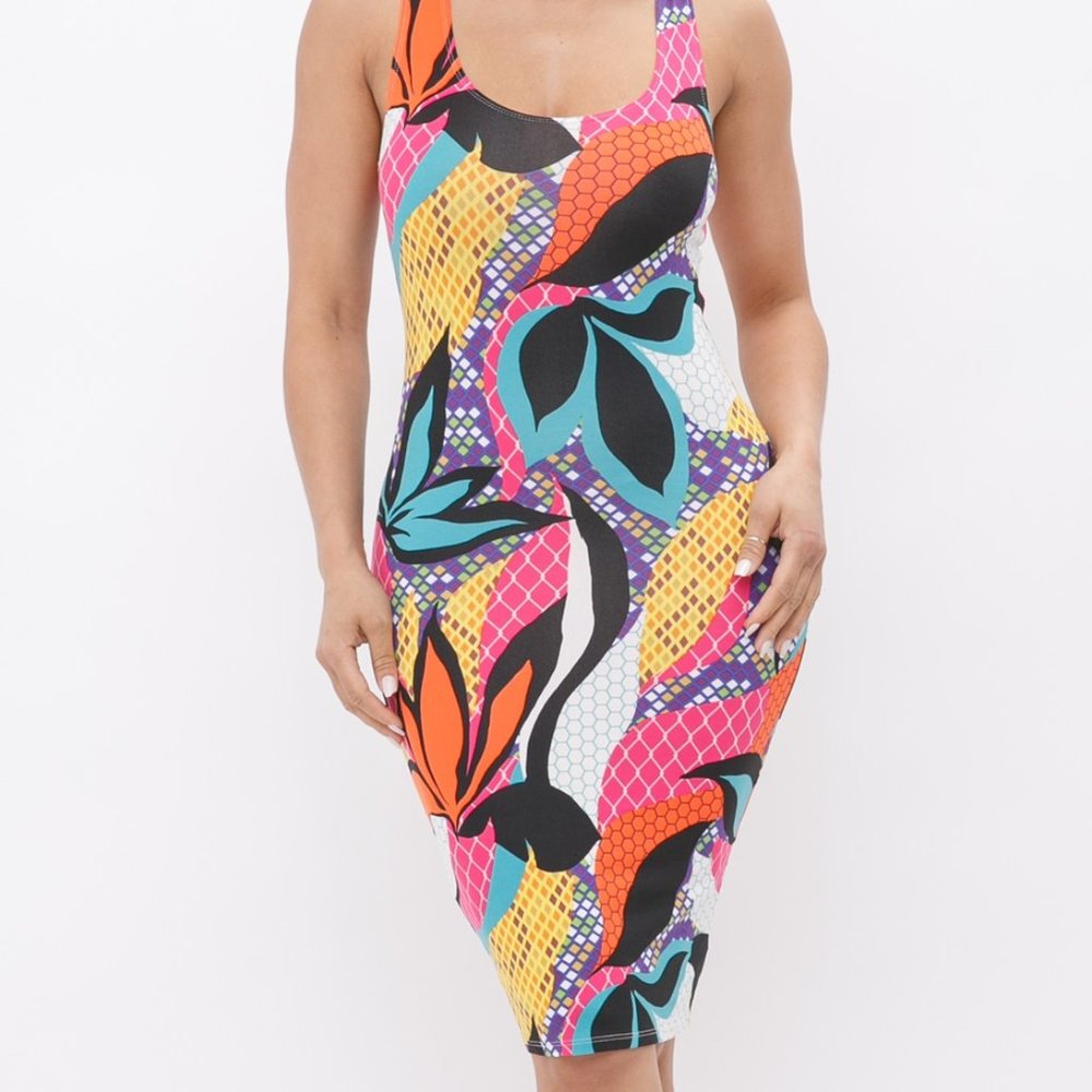 JULIA Love Dress NEW Multi Urban Print Bodycon Tank Midi Large
